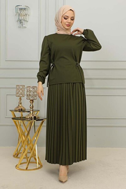 TESETTÜR MÜJDE MERVE Pleated Set - Waist Detailed, KHAKI
