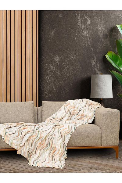 Latuda Concept Softmicro Zigzag Patterned Sofa Cover - 130x180 Cm, Shawl and Sofa Blanket Cream