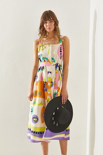 Bianco Lucci Patterned Mobile Belted Buttoned Thick Strap Women's Dress -60251275