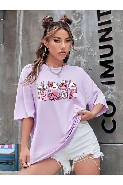 PALPİTO Tricou oversize cu imprimeu liliac Smile maro pentru femei