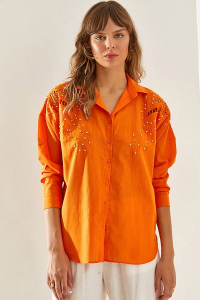 Bianco Lucci Flam Linen Women's Shirt - Pearl Stone Detail, Laser Cut, Long Sleeve60251205