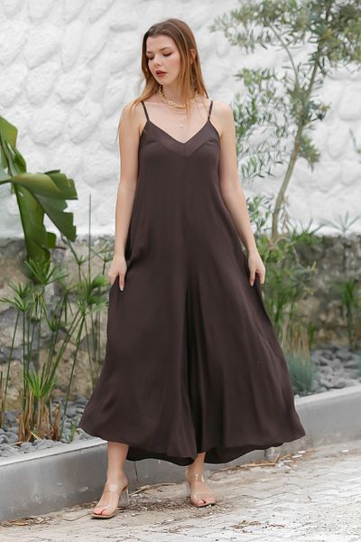 Chiccy Italian V-Neck Wide Leg Strap Viscose Jumpsuit - Brown Casual