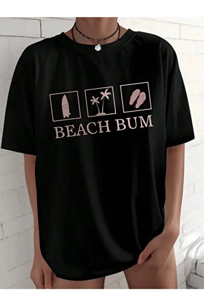 PALPİTO Crna Oversize kroj T-shirt - Plaža Bum Štampano