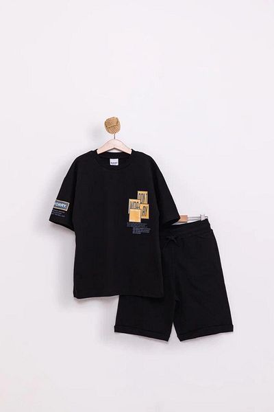 Tk 7-10 Years Old Children's Combed Cotton Set - Printed on Chest and Back, Pocketed Combed Cotton Shorts