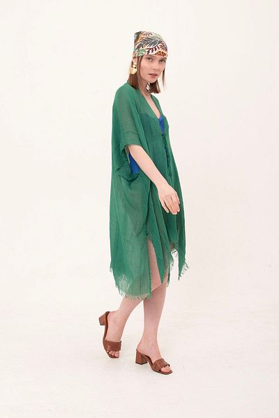 laughs Green Cotton Long Kimono Pareo - Laced, Pr11200