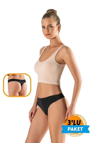 MODANTY Women's Black Thong Slip 3 Pieces Laser Cut, Gatherer and Silicone Recipe