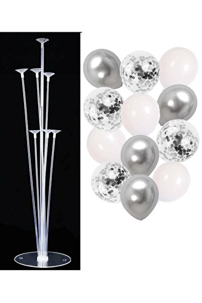 Patladı Gitti 7'li Balon Standı ve 10 Adet Gümüş-Beyaz-Şeffaf Konfetili Balon...