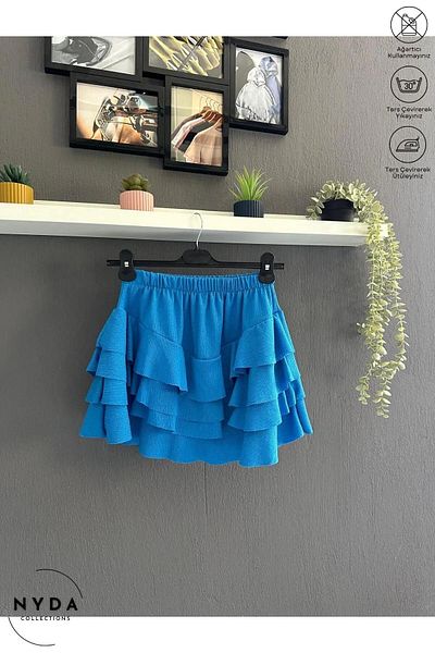 Nyda Collections Fusta mini albastră - Volane, țesătură înfășurată în straturi, talie elastică, fără căptușeală Casual confortabil