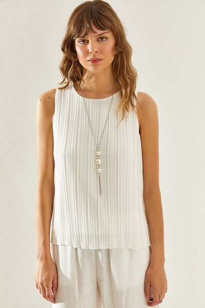 Bianco Lucci Damenbluse mit dicken Trägern, plissierter Metallkette und Accessoires – gefüttert 60251273