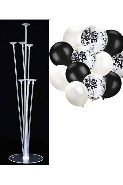 Patladı Gitti 7'li Balon Standı ve 10 Adet Siyah Beyaz ve Şeffaf Konfetili Ba...