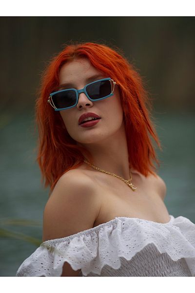 Angel Eyes Turquoise Frame Smoked Glass Metal Gold Handle Rectangular Women's Sunglasses