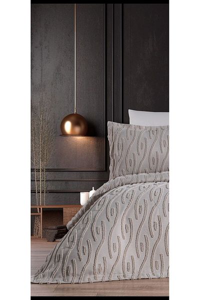 Butikhome by Egemar Astor Stone Colored Tassel Pattern Chenille Embossed Bed Cover Set - Modern and Simple Luxury 4 Pc