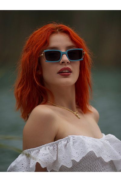 Angel Eyes Turquoise Frame Smoked Glass Metal Gold Handle Rectangular Women's Sunglasses