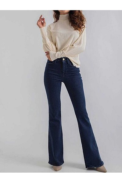 geenz manifacture Flare Leg Jeans Navy Blue Stálobarevné džínové kalhoty Power Lycra s vysokým pasem