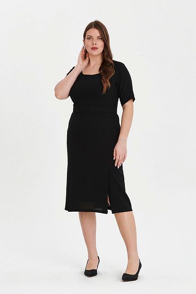 EVEN plus size فستان أسود بحزام مقاس كبير