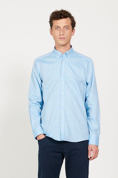 AC&Co / Altınyıldız Classics Cămașă Dobby Slim Fit pentru bărbați din in albastru - Guler cu nasturi
