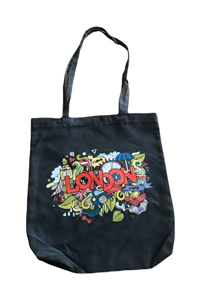 ildiz tekstil Londra Baskılı – Siyah Renk Bez Çanta (31X35 CM)