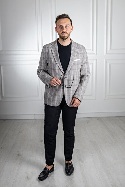 Sarar İnterview Sarar Matteo Mono Yaka Slim Fit Kareli Gri Ceket
