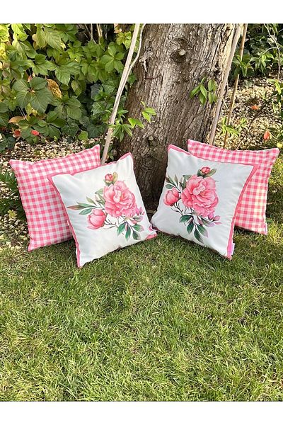 lamoonhome Pink Rose & Plaid Pillow Case Set of 4