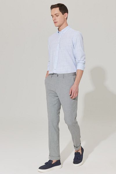 ALTINYILDIZ CLASSICS Men's Blue Slim Fit Narrow Cut Button Collar Linen Look 100% Cotton Flared Shirt