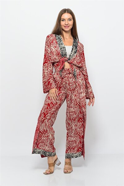 Nuseel Patterned Pareo Pants & Crop Kimono Red-Cream