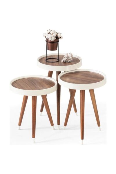 Genel Markalar Ahşap 3'lü Yuvarlak Ceviz Polen Lüx Ayaklı Zigon Sehpa