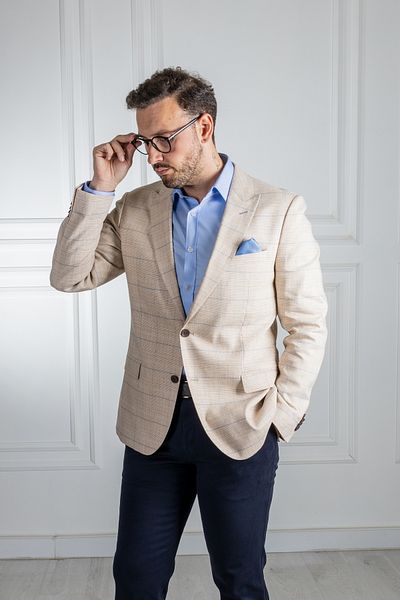 Sarar Interview Wraps Amara Swallow Collar Slim Fit Checkered Beige Jacket