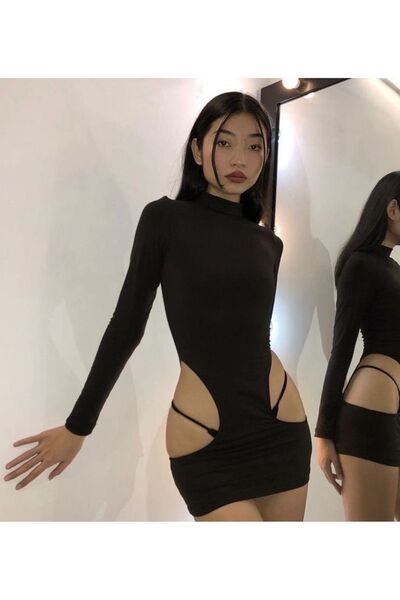 Lolipop Butik Bel Oyuntu Dekolteli Siyah Boğazlı Vücudu Saran Mini Elbise