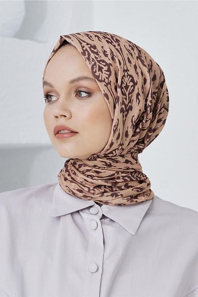 Loryan Caramel Colored Scarf - Lin, Linen and Cotton Type, Tile Patterned Shawl