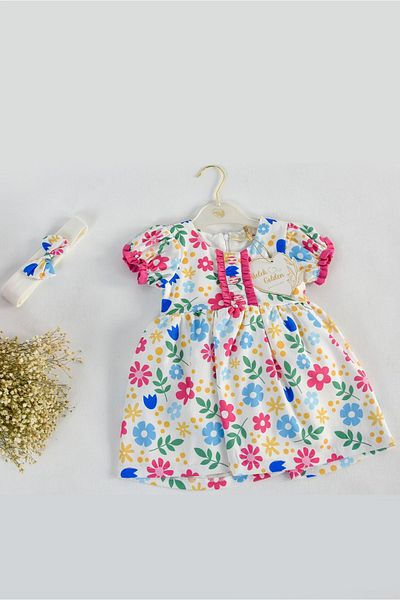 melek golden Girl's Floral Print Short Sleeve Dress