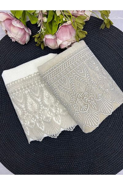 Çeyiz Bahçesi Ahenk French Lace Velvet Hand and Face Towel Set of 2 50/90cm