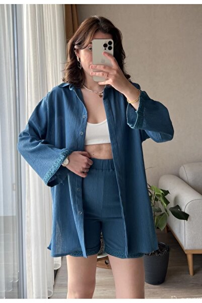 Laluvia Petrolově modrá košile Seersucker Scallop Detailed