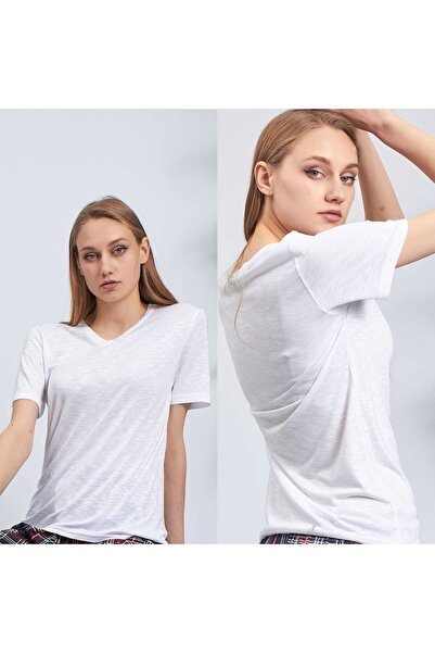 Moda Clubu تي شيرت Filamlı للسيدات برقبة على شكل حرف V