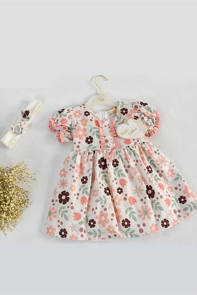 melek golden Girl's Floral Print Short Sleeve Dress