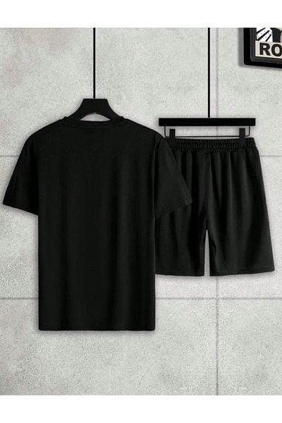 BETİLİNA Unisex Black Unprinted Shorts and T-shirt Set