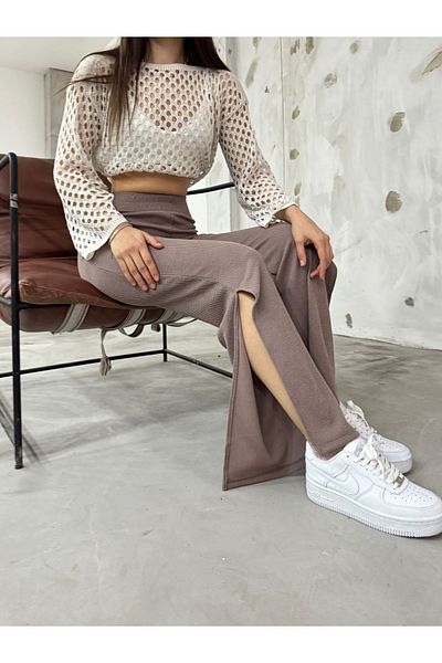 CNRCollection Women's High Waist and Soft Fabric Trousers - Mink, Elastic, Loose and Slit