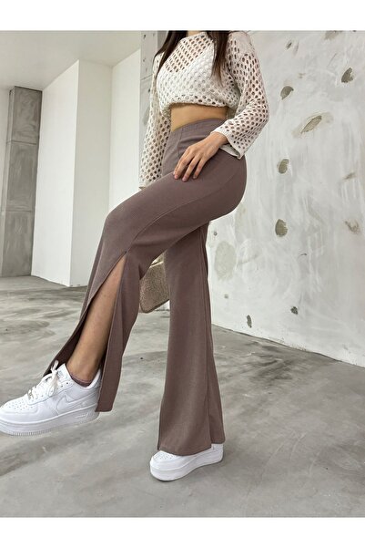 CNRCollection Kadın Vizon Lastikli Yüksek Bel Yumuşak Kumaş Bol Paça Salaş Rahat Kesim Yırtmaçlı Pantolon