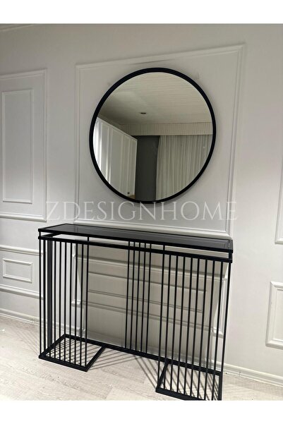 zdesignhome 90 Cm Yuvarlak Ayna , 90x30x120 Cm Dresuar (Raf Siyah Cam) ZDESIG...