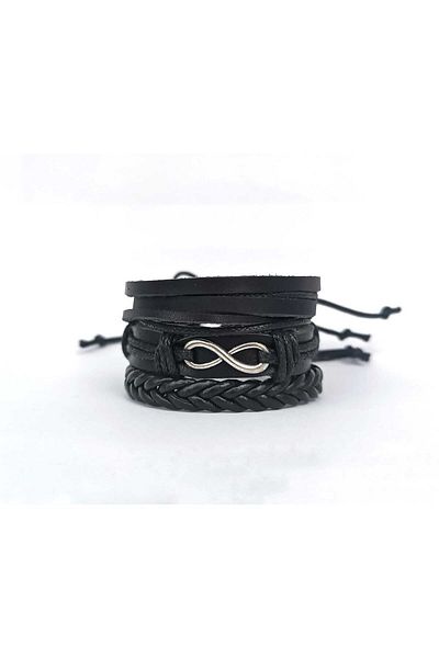 BSN 3 Piece Genuine Leather Bracelet with Infinity Figure