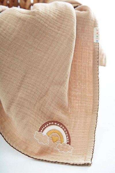 Kirazkids 100x100 Rainbow Embroidered 4 Layer Brown Muslin Blanket