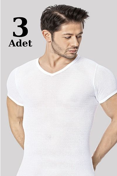 marmara qumasch White V-Neck 3 Pack - 100% Cotton Men's Mesh T-Shirt