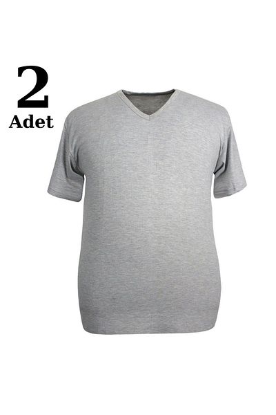 marmara qumasch Large Size Gray V-Neck Men's T-Shirt - 100% Cotton 2 Pack