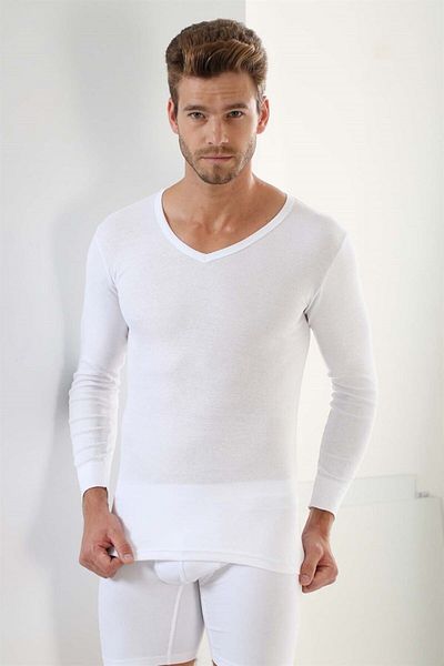 marmara qumasch Men's White V-Neck Long Sleeve T-shirt - 100% Cotton Rib