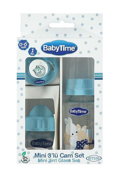 Babytime Mini 3-Piece Glass Baby Bottle Set 0-6 Months - Blue