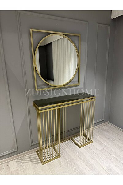 zdesignhome Şık ve Modern: 85 cm Yuvarlak Ayna + 100x30x90 cm Gold Metal Dres...