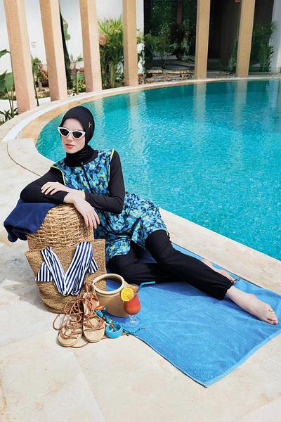 Haşema Σετ μαγιό Hijab 6 τεμαχίων με σχέδιο μαύρο ελαστικό υφαντό 3090
