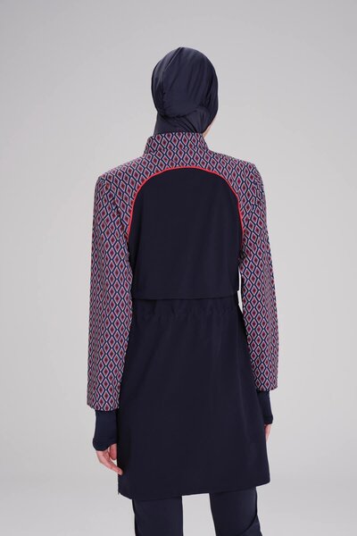 Haşema Esila Lacivert Kırmızı Kolu Desenli Jileli Tam Tesettür Mayo Üstü