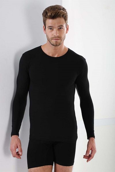marmara qumasch Men's Black Long Sleeve Rib T-shirt - Crew Neck, 100% Cotton