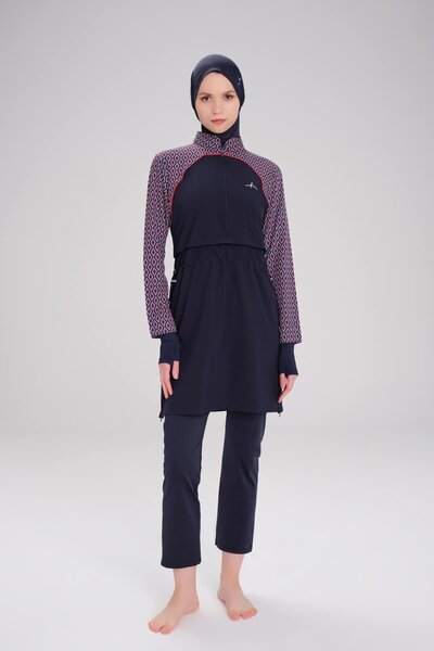 Haşema Esila Lacivert Kırmızı Kolu Desenli Jileli Tam Tesettür Mayo Üstü