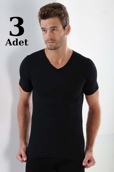 marmara qumasch Men's Black V-Neck Rib T-Shirt - Pack of 3 100% Cotton